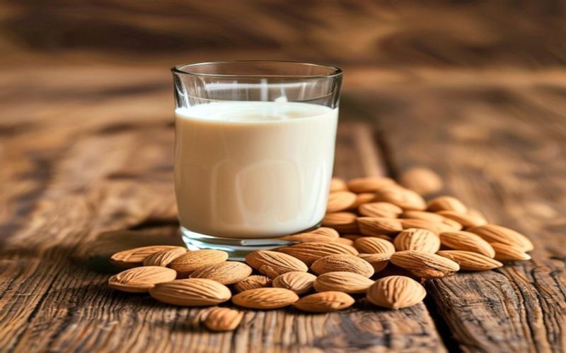 A glass of almond milk next to fresh almonds on a wooden table