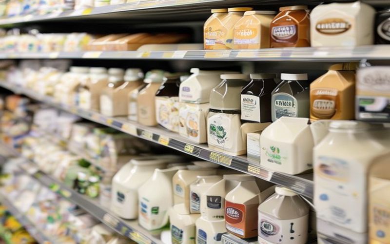 Various brands of almond milk packages on a supermarket shelf