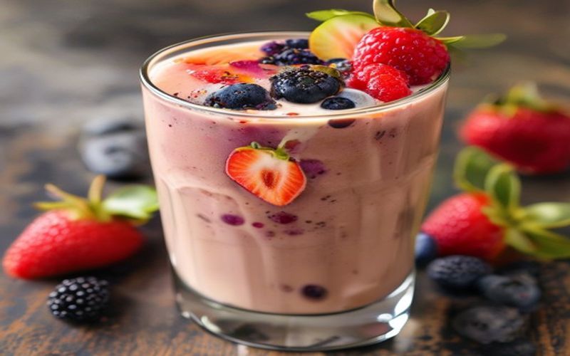 A smoothie made with almond milk and berries in a glass