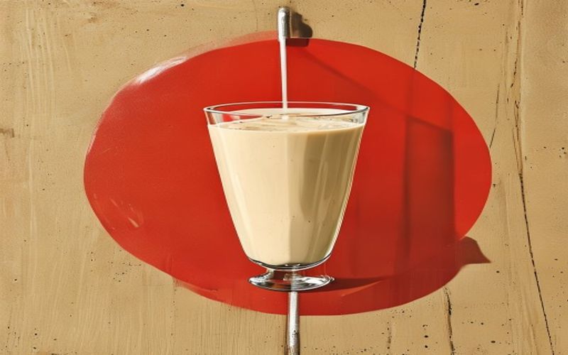 A warning sign with a glass of almond milk for allergy awareness