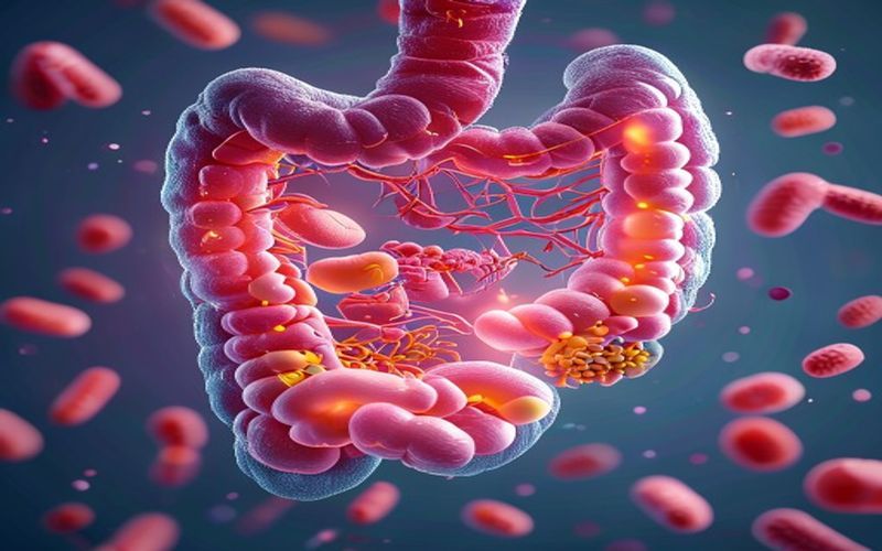 Illustration of healthy intestines with lactic acid bacteria balancing gut flora