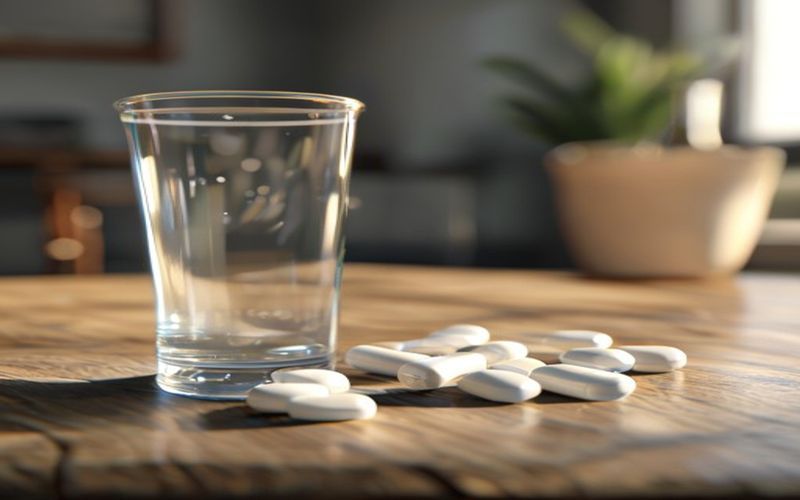 A glass of water and probiotic tablets on a wooden table at mealtime