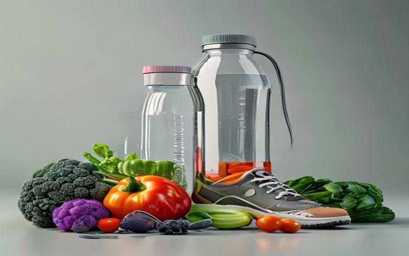 Healthy lifestyle items including fiber-rich vegetables, water bottle, and walking shoes