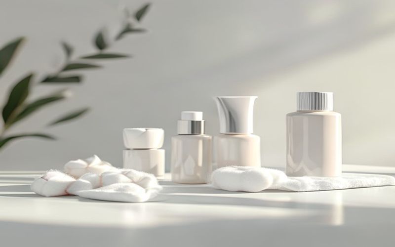 Skincare products lined up on a clean white table with cotton pads