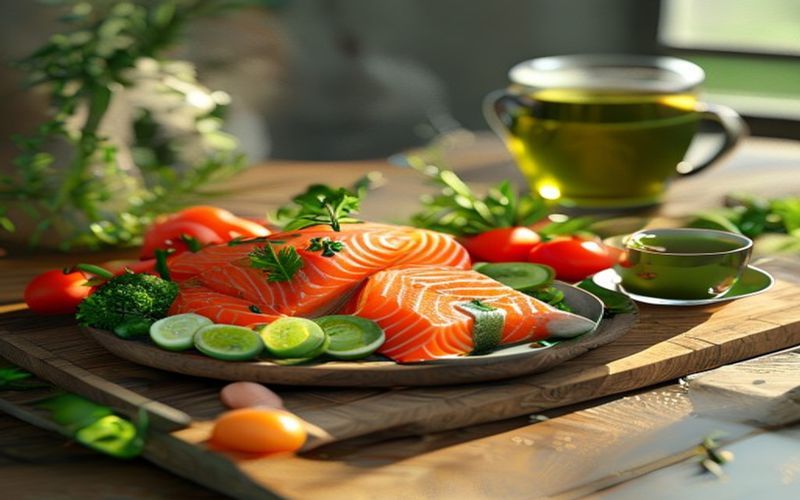 Healthy breakfast with vegetables, salmon, and green tea on a wooden table