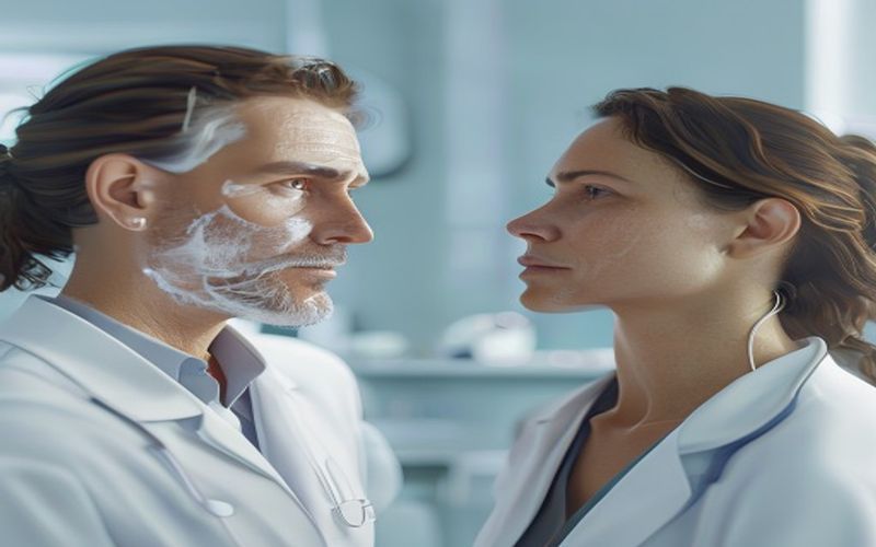 Dermatologist consulting with a patient about facial skin condition