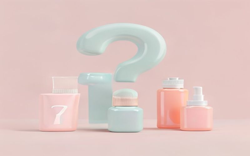 Question mark icons with skincare bottles in soft pastel background
